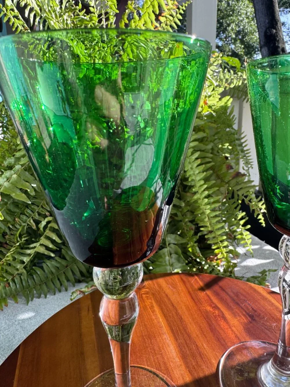 Set of 2 Vintage Emerald Green Wine Glasses, Clear Baluster Stem, Mid Century